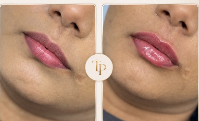Antes e depois de preenchimento labial com contorno definido